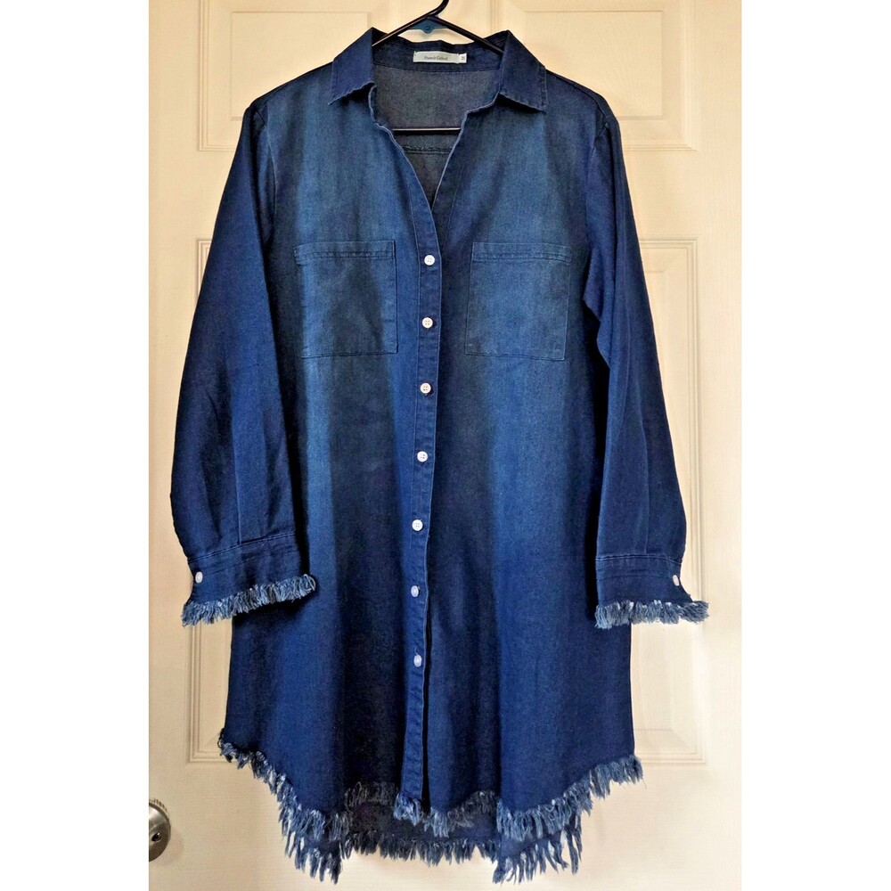 FRANCIS CABREL Dark Blue Denim Dress Button Down Long Sleeve Fringed Hem Size M